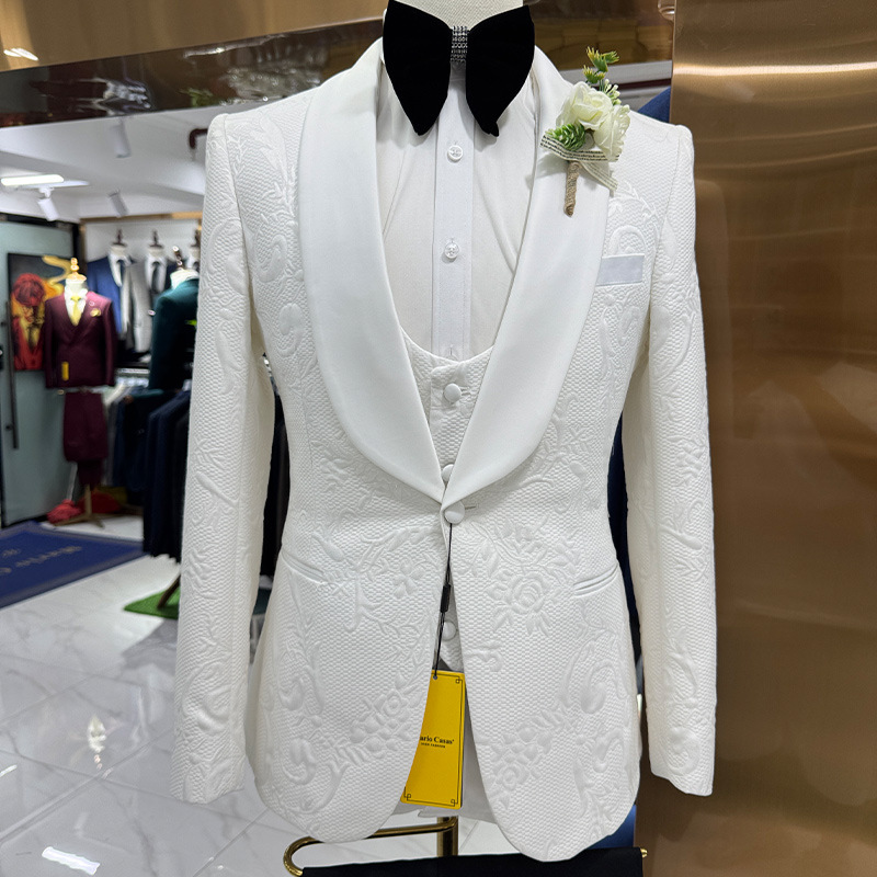 Men Formal Wear Jacket - Herren Hochzeitsanzug Weiß 3-Teiliges Set Jacquard-Jacke