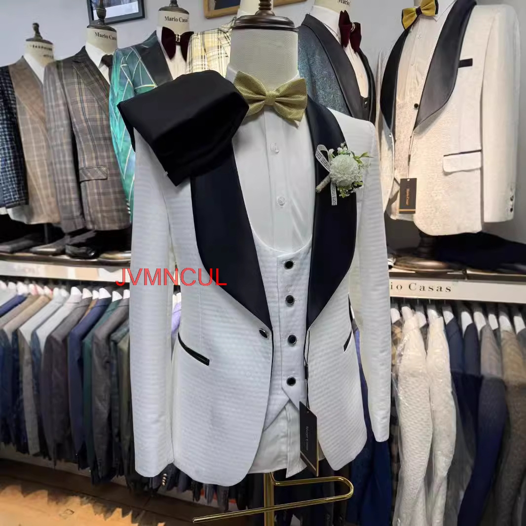 Men'S Formal Wear For Reception - 2026 Herren Weißer Jacquard 3-Teiliger Anzug