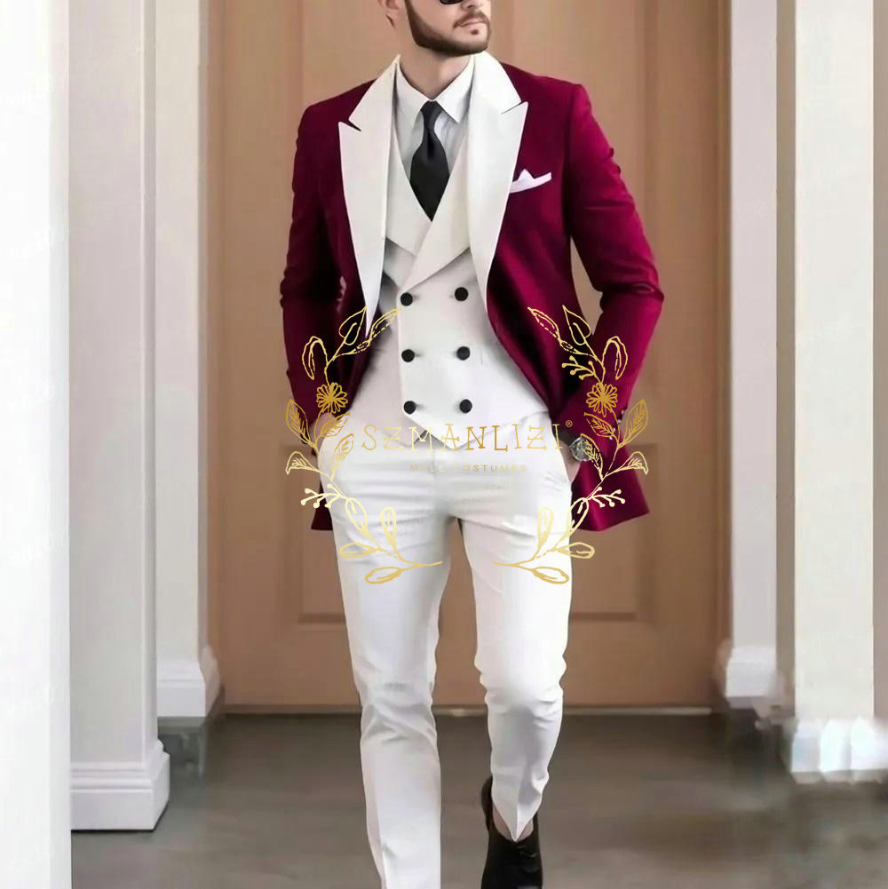 Men Formal Wear Jacket - Eleganter burgunderroter 3-teiliger Herrenanzug, hochwertige weiße